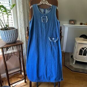 Vintage 90s Dress Sailboat  & Embroidered Anchor Denim Jumper Size Large Blue J.